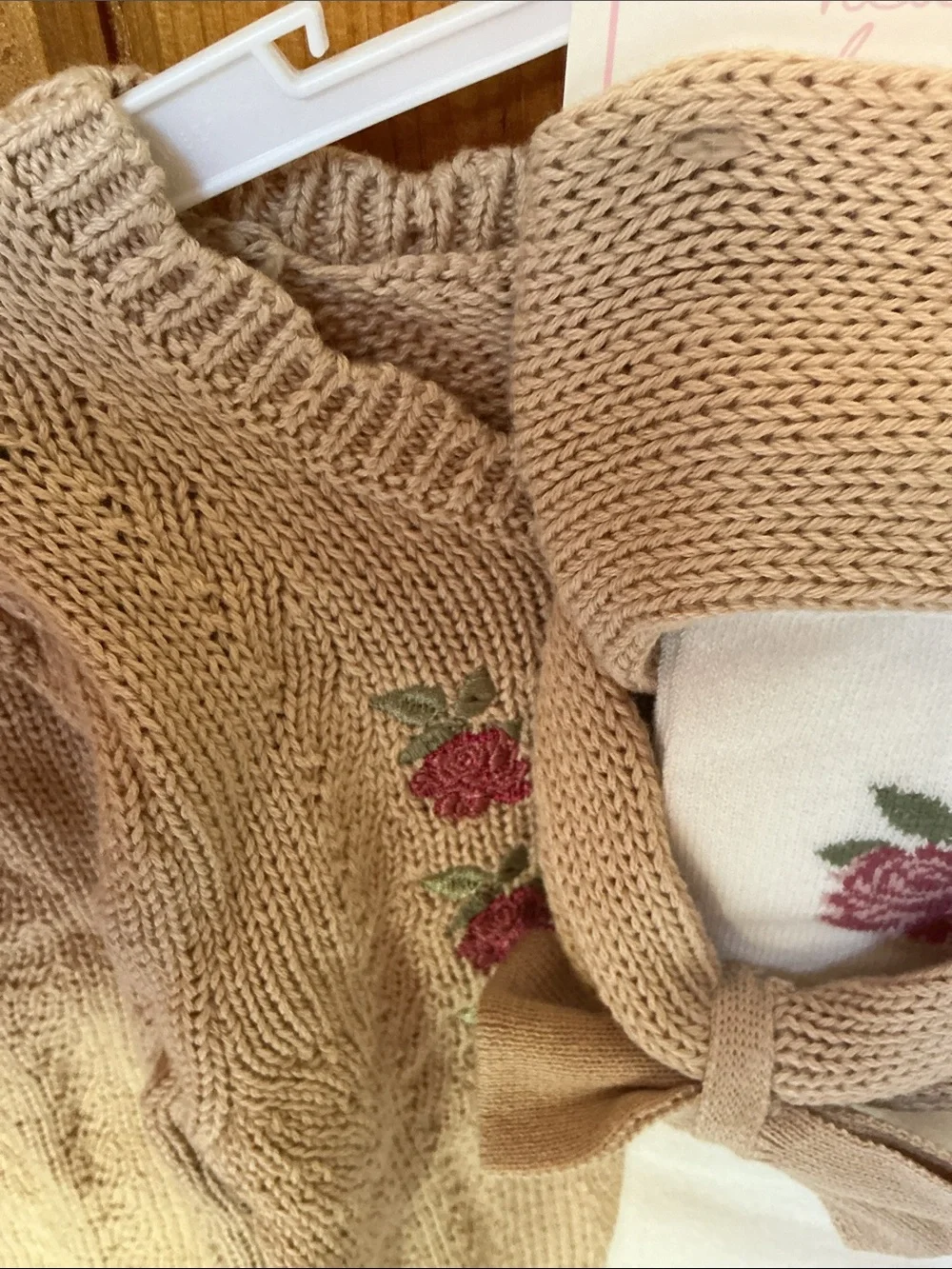 Nicole Miller Cream Knit Baby Sweater with Pink Rose Embroidery. NWT.